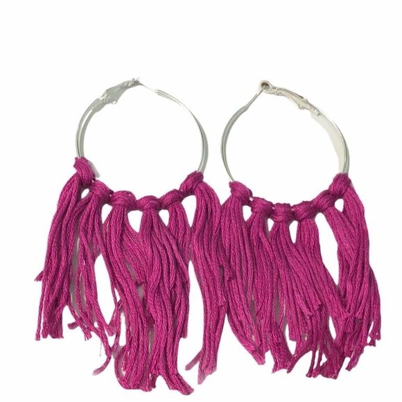 Boho Fringe Tassel Hoop Earrings Silver Tone‎ Magenta Purple Big Statement Large - Picture 1 of 5